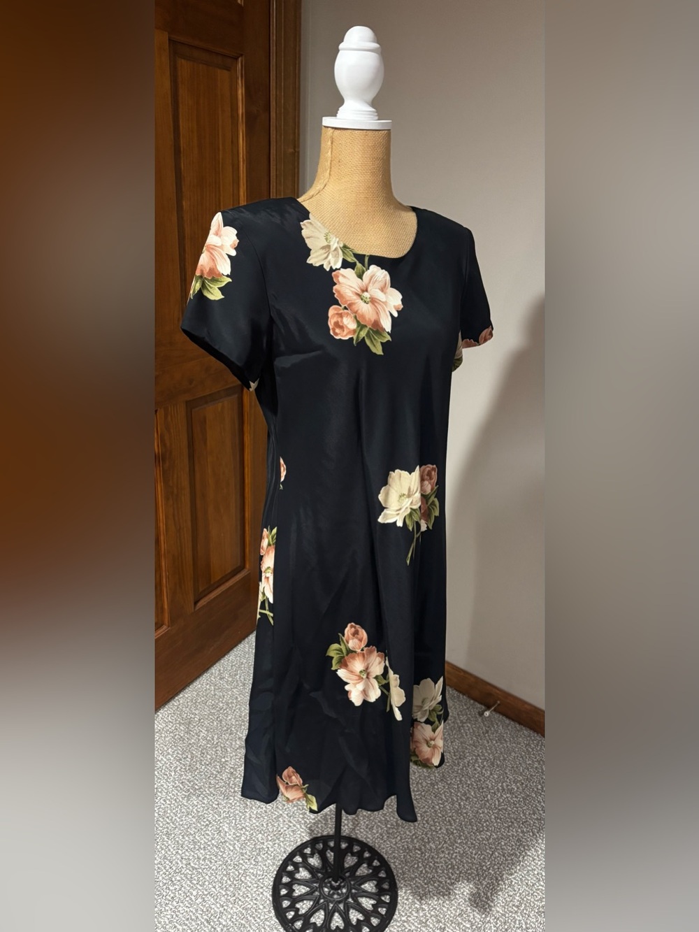 Jessica Howard Black Midi Dress with Pink and Cream Floral Print